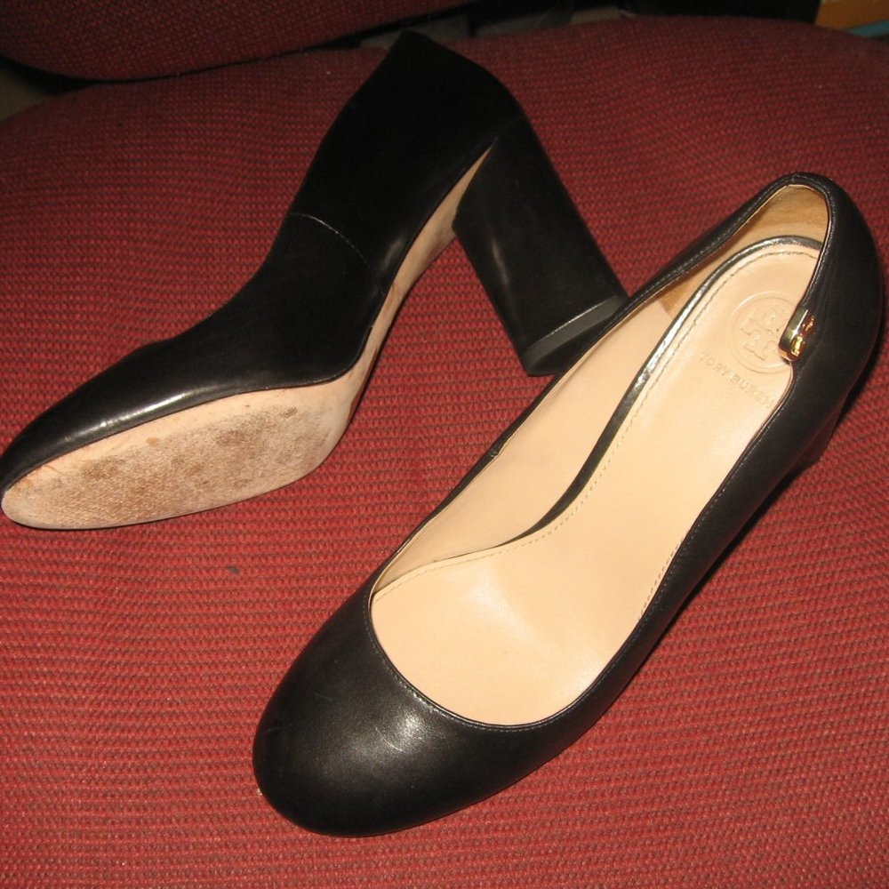 ❤️TORY BURCH Elizabeth Black Leather Block Heel Pumps Shoes 9 1/2 M